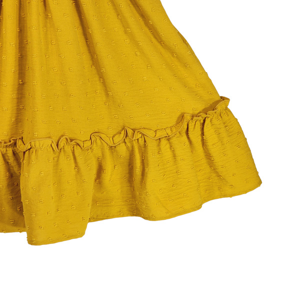 Veronica M. Mini Dress L Women Mustard Yellow Swiss Dot Ruched Ruffle Sleeveless - Picture 15 of 15